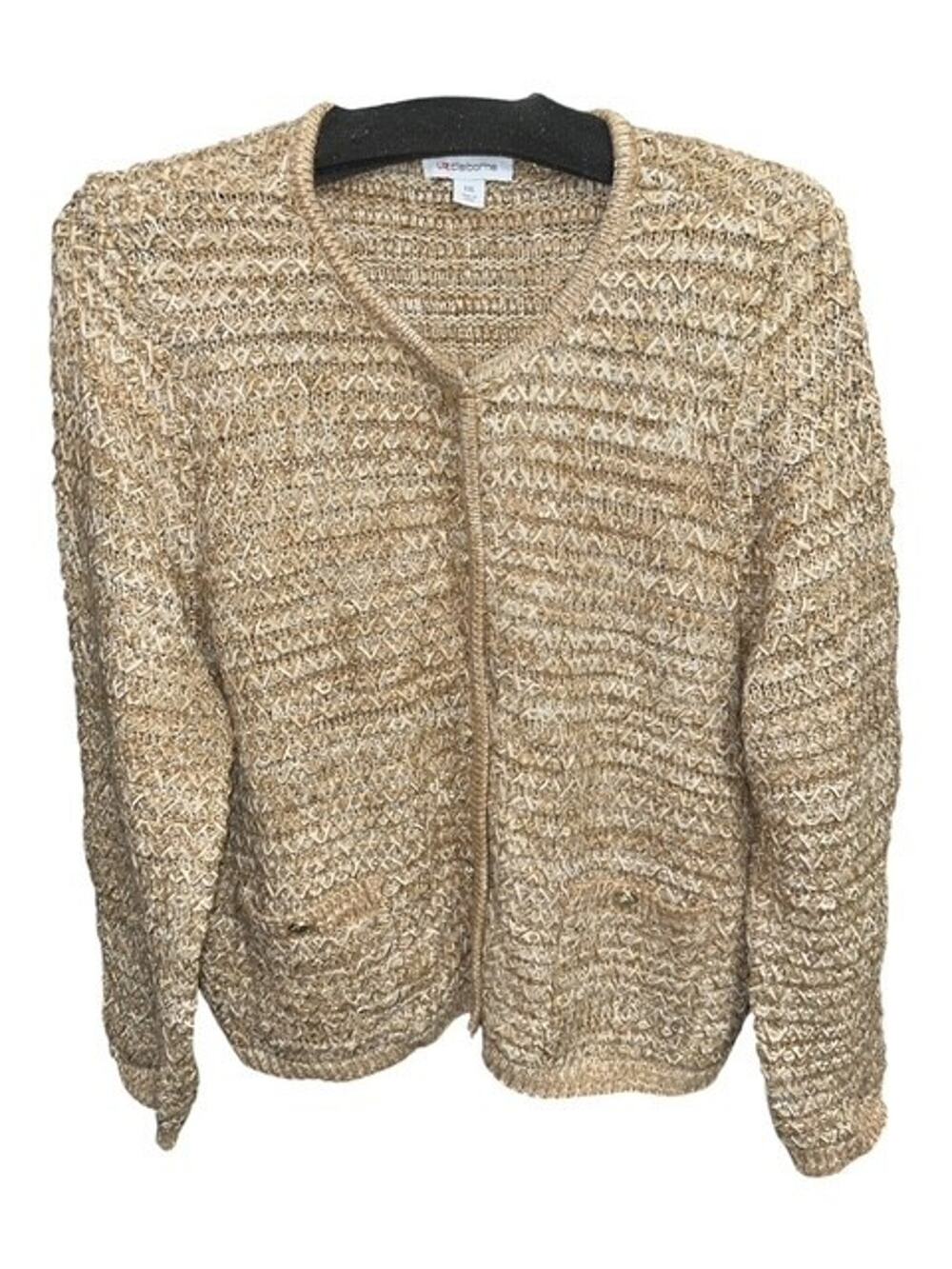 Liz Claiborne XXL Cardigan Sweater Caramel Beige White Gold Threads Button Heavy